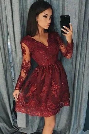 Burgundy Long Sleeve Homecoming Dresses Lace Michaela Dress CD12110