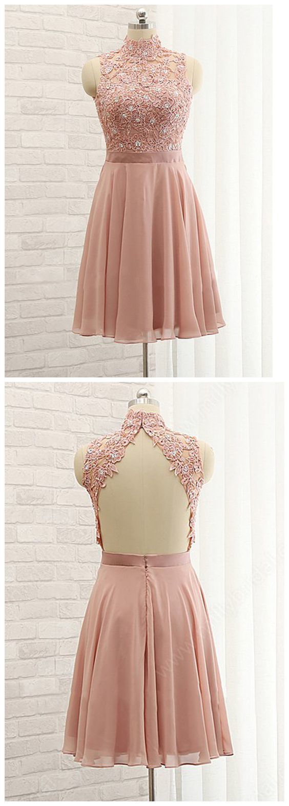 A-Line High Neck Short Lace Pink Homecoming Dresses Selah Dress Short Dresses Cheap DH1224