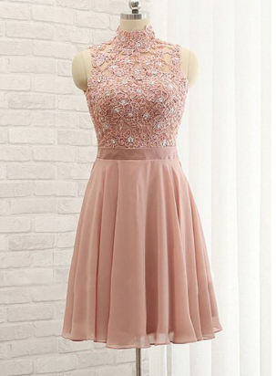 A-Line High Neck Short Lace Pink Homecoming Dresses Selah Dress Short Dresses Cheap DH1224