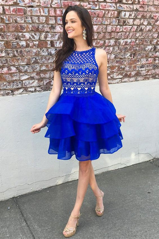 Cute A-Line Top Organza Kendal Lace Royal Blue Homecoming Dresses Skirt Tiered Short CD12321