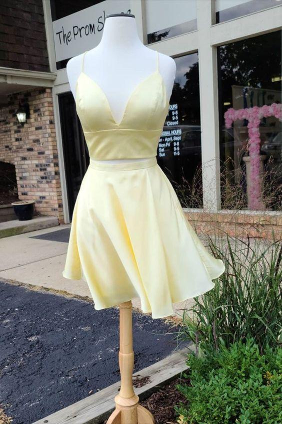 Homecoming Dresses Maritza Two Piece Short Yellow With Spaghetti Straps CD12343