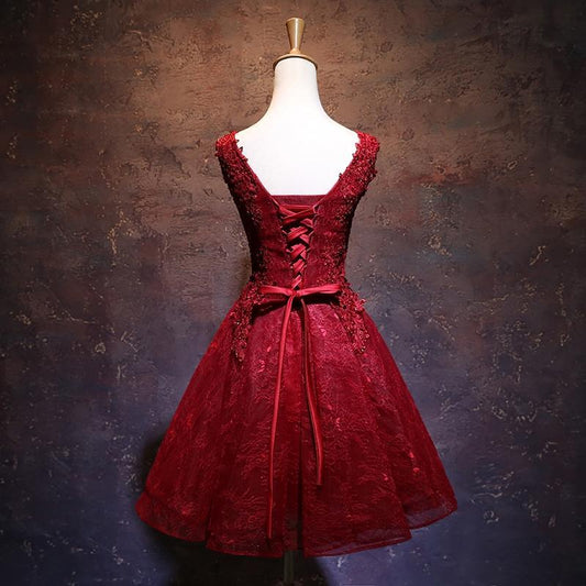 Wine Red Short Cute V-Neckline -Up Teen Lace Mia Homecoming Dresses Party Dress DH12616