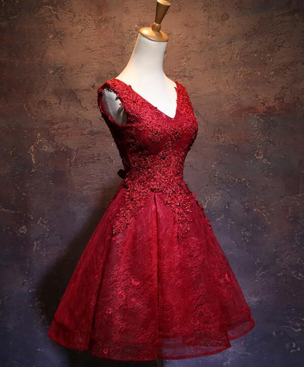 Wine Red Short Cute V-Neckline -Up Teen Lace Mia Homecoming Dresses Party Dress DH12616