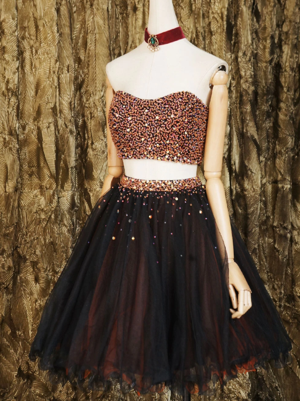 Black Beads Homecoming Dresses Two Pieces Khloe Tulle Short Black CD12694