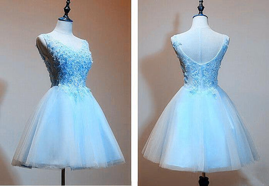 Light Blue Tulle Short Homecoming Dresses Lace Moriah Party Dress With Applique V-Neckline CD12804