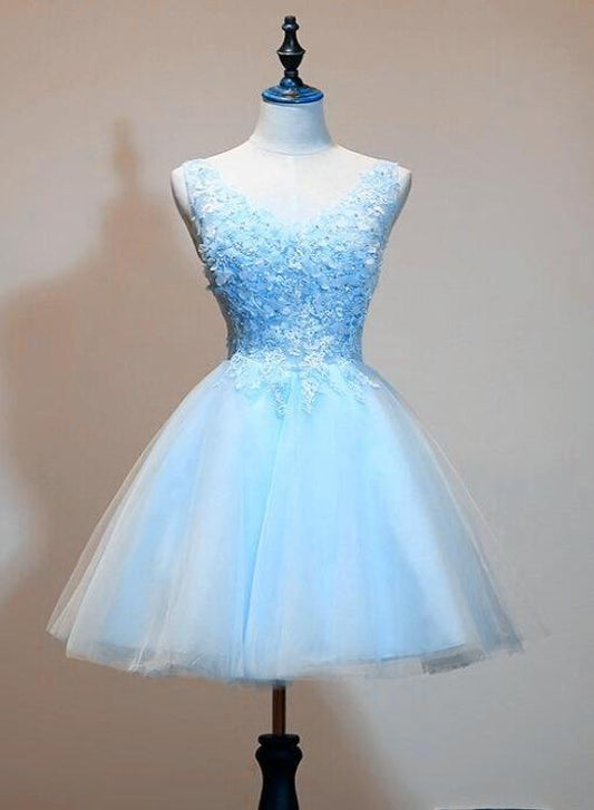 Light Blue Tulle Short Homecoming Dresses Lace Moriah Party Dress With Applique V-Neckline CD12804