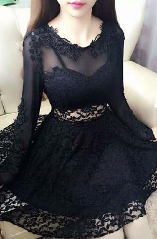 Sexy Black Jewel Neck Long Sleeves A-Line Homecoming Dresses Amanda Lace Short DH1282