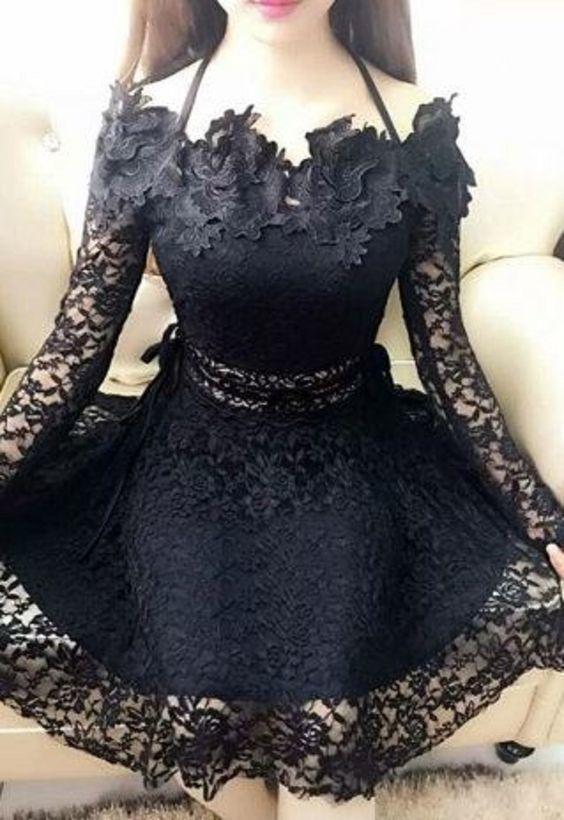 Sexy Black Halter Long Sleeves Lace Allisson Homecoming Dresses Short CD1283