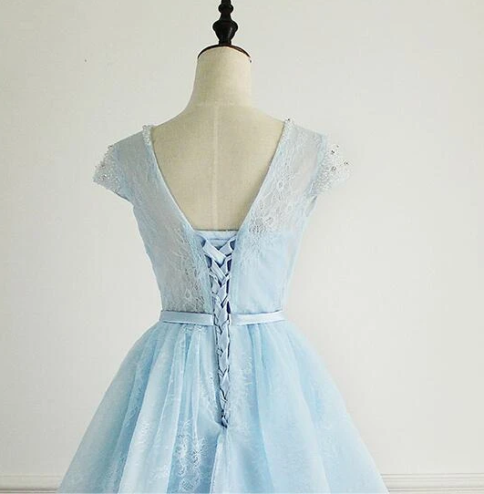 Light Lace Gemma Homecoming Dresses Blue Cap Sleeves Cute Short Party Dress Blue CD12963