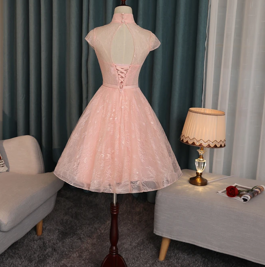 High Neckline Short Lace Tina Homecoming Dresses Pink Lovely Formal Dresses CD13209