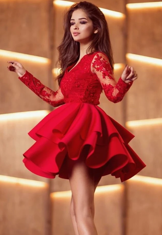 Long Sleeves Homecoming Dresses Kenley Lace Red Formal Graduation CD13224