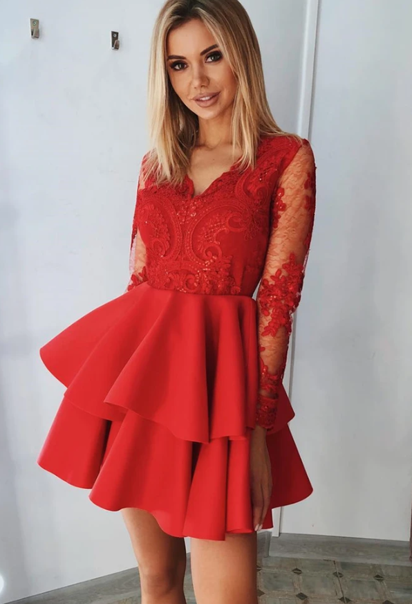 Long Sleeves Homecoming Dresses Kenley Lace Red Formal Graduation CD13224