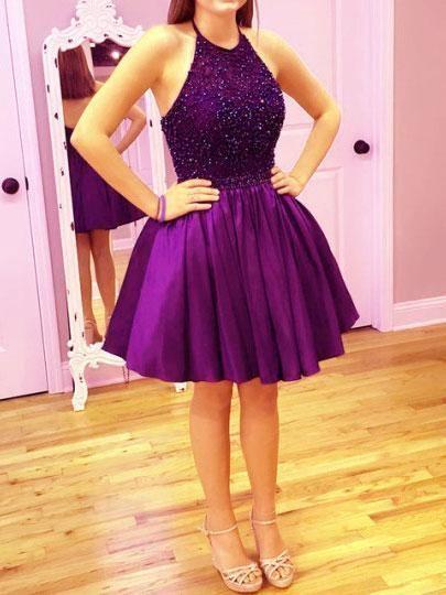 Short Homecoming Dresses Cocktail Philippa Open Back Party Dress Purple Halter Neckline Purple Dress DH13495