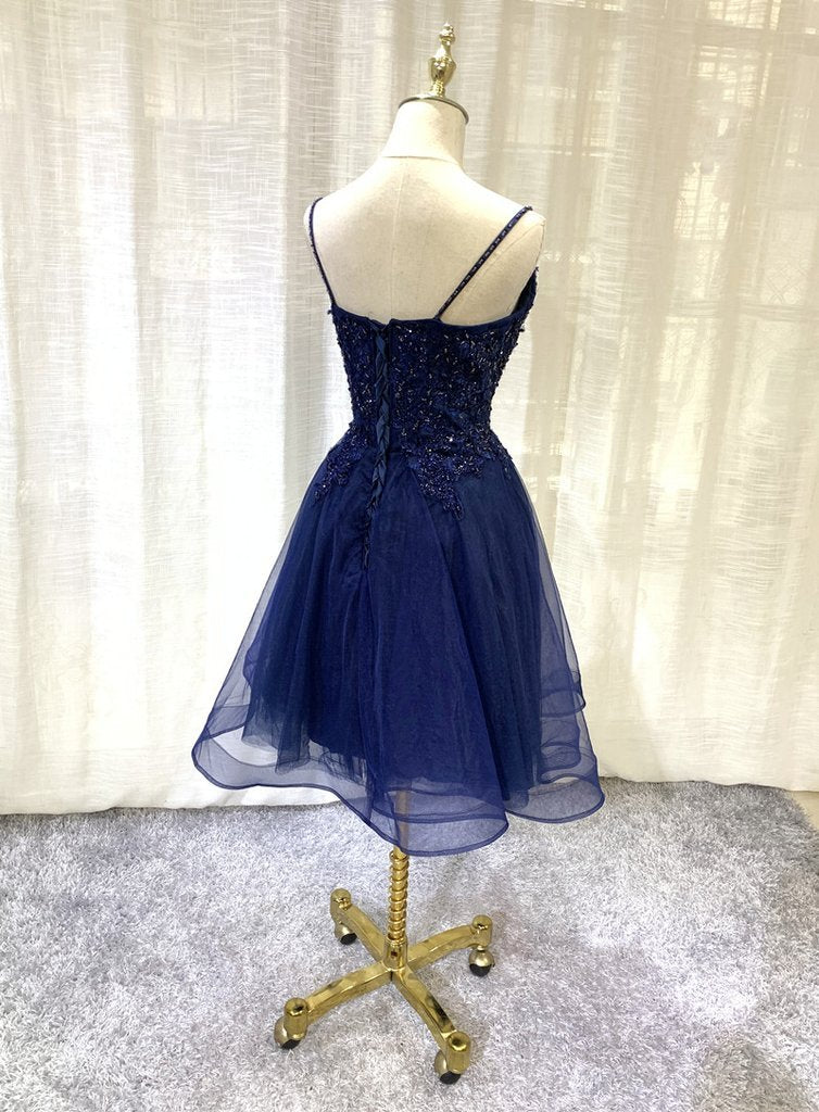 Navy Blue V-Neckline Giovanna Homecoming Dresses Lace Tulle Short Applique Short Party Dress DH13782