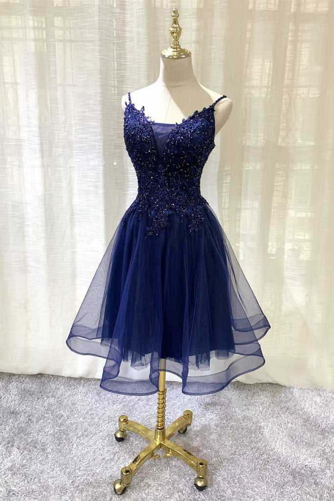 Navy Blue V-Neckline Giovanna Homecoming Dresses Lace Tulle Short Applique Short Party Dress DH13782