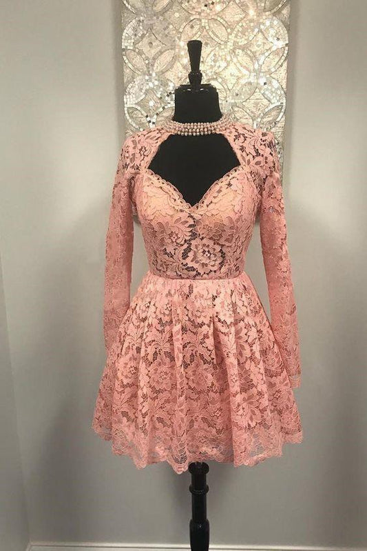 Sweetheart Long Sleeves Short Homecoming Dresses Vivien Lace Pink CD14021