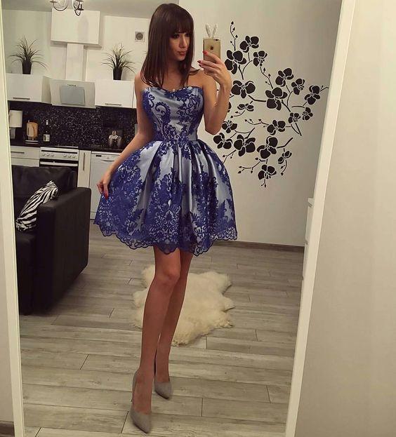 Sweetheart Royal Blue Hedwig Cocktail Homecoming Dresses Lace Short Ball Gown Party Dress With Overlay DH14069