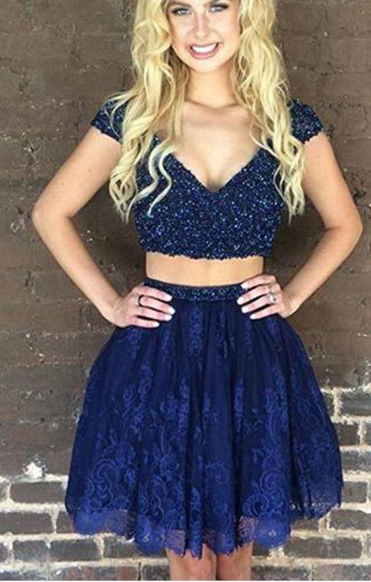 Blue Marcie Homecoming Dresses Lace Two Pieces Beaded CD14212