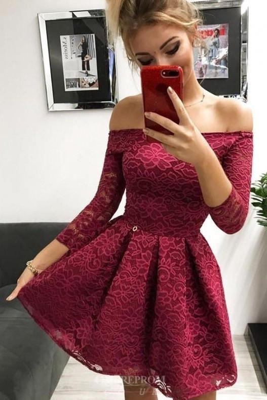 Off-The-Shoulder Long Sleeves Burgundy Leila Lace Homecoming Dresses CD1446