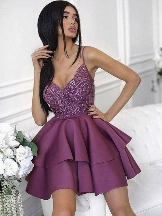 Sweetheart Neck Short Purple Tatiana Cocktail Lace Homecoming Dresses Dresses Short Purple Graduation Dresses DH1447