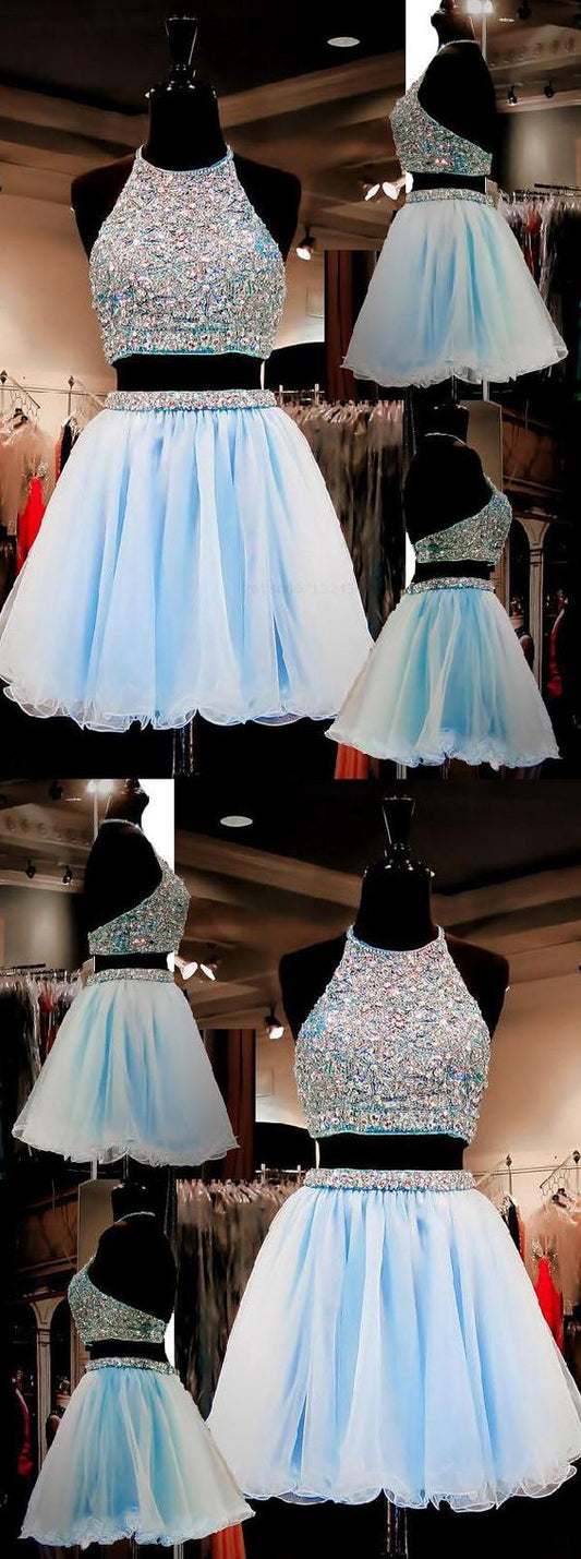 Two Piece A-Line Halter Organza Beaded Short Chanel Homecoming Dresses Light Blue CD146