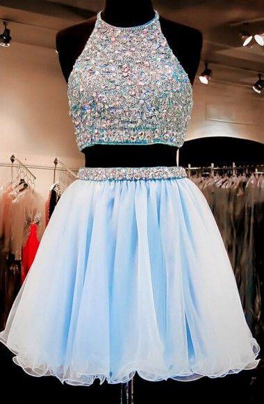 Two Piece A-Line Halter Organza Beaded Short Chanel Homecoming Dresses Light Blue CD146