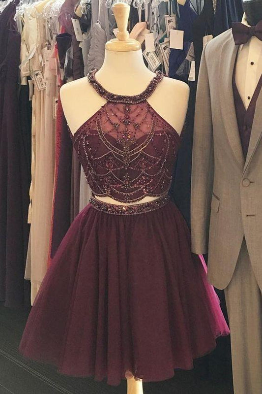 Halter Aurora Homecoming Dresses Two Piece Burgundy Beaded Party Dresses CD1484