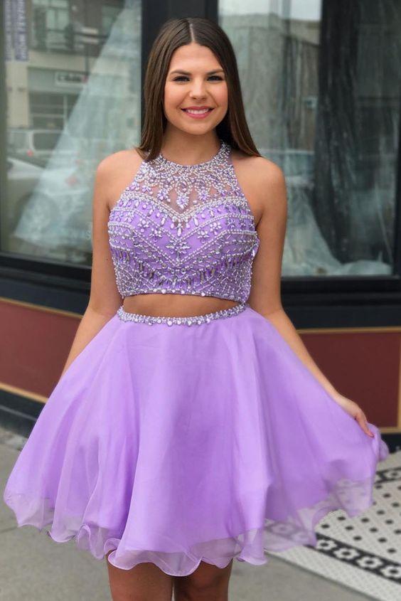 Two Piece Jewel Neck Beading Laylah Homecoming Dresses Lilac CD1486