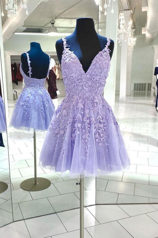 Cocktail Lace Homecoming Dresses Alexus Purple V Neck Tulle Short Dress CD14994