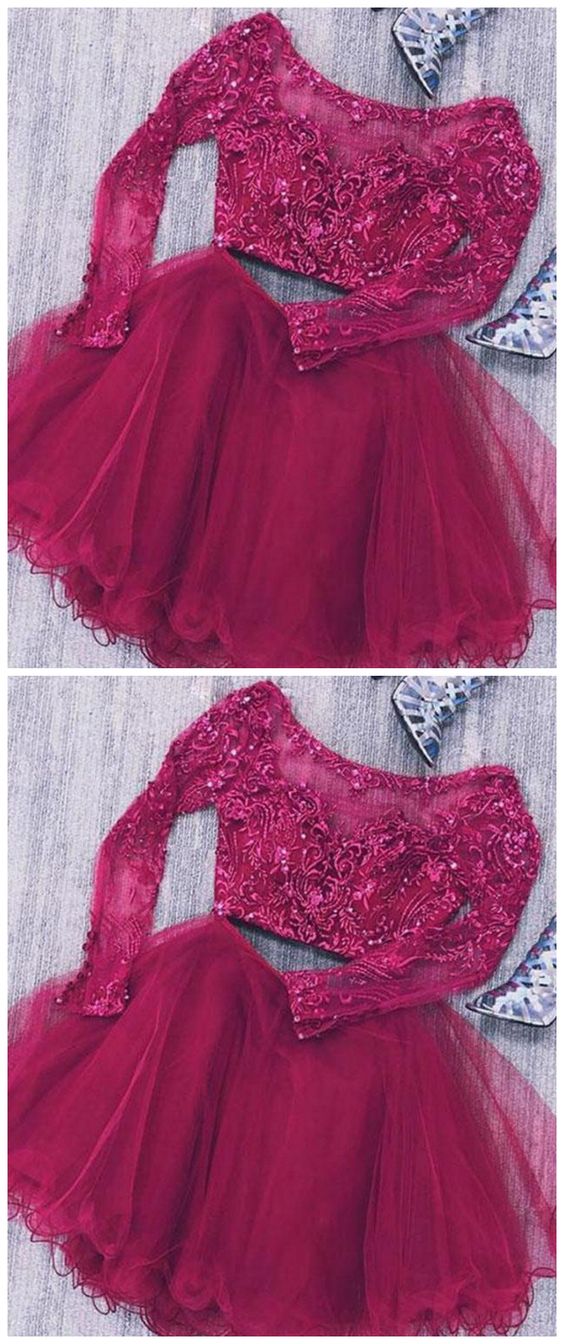 Two Piece Long Lace Karly Homecoming Dresses Sleeves Tulle Short With Beads CD1507