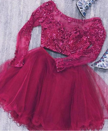 Two Piece Long Lace Karly Homecoming Dresses Sleeves Tulle Short With Beads CD1507