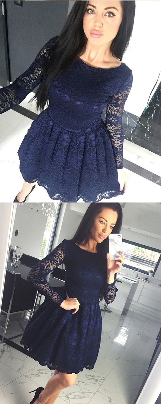 Bateau Navy Blue Janey Lace Homecoming Dresses Short With Long Sleeves CD1508