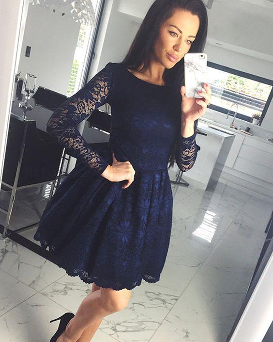 Bateau Navy Blue Janey Lace Homecoming Dresses Short With Long Sleeves CD1508