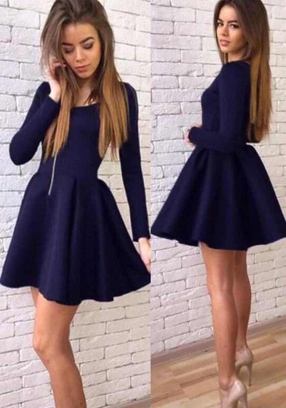 Cheap Navy Blue Delilah Homecoming Dresses Long Sleeves Modest Mini Short CD156