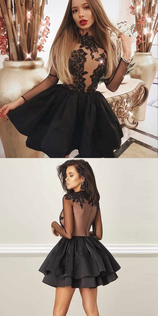 A-Line Black Appliques Long Sleeve Satin Homecoming Dresses Cassandra Short CD157