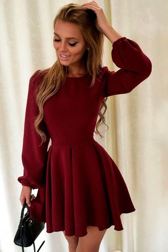 A-Line Long Sleeve Alana Homecoming Dresses Burgundy CD1582