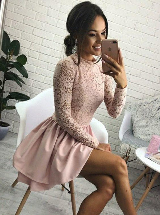 Long Sleeves Pink Satin Homecoming Dresses Roberta Short CD15