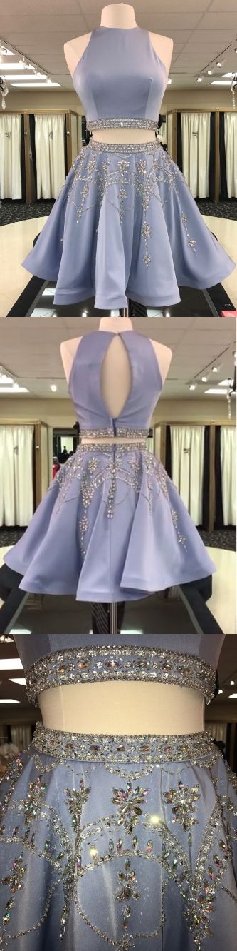 Two Piece Round Neck Short Light Homecoming Dresses Denise Sky Blue Beaded Cheap CD16