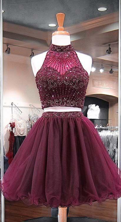 Burgundy Two Piece Beading Stylish Short Homecoming Dresses Avery Tulle Party Gowns CD1630