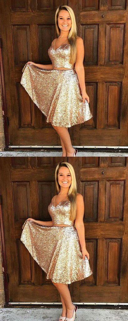 A-Line V-Neck Sleeveless Gold Jacquelyn Homecoming Dresses Two Pieces Sequined CD1654