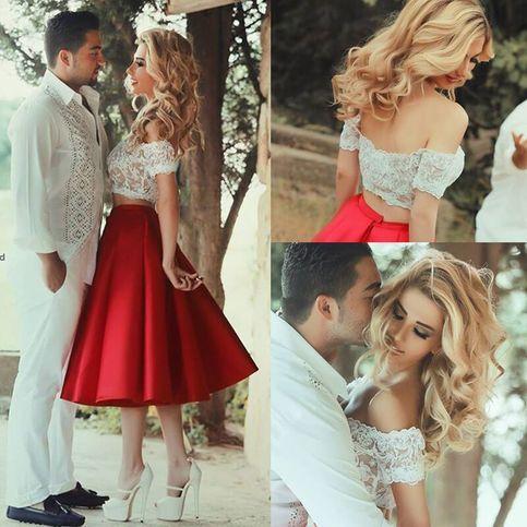 Mimi Homecoming Dresses Satin Lace Two Piece Red Off-The-Shoulder White Short Sleeve Tea-Length Party Dresses DH167