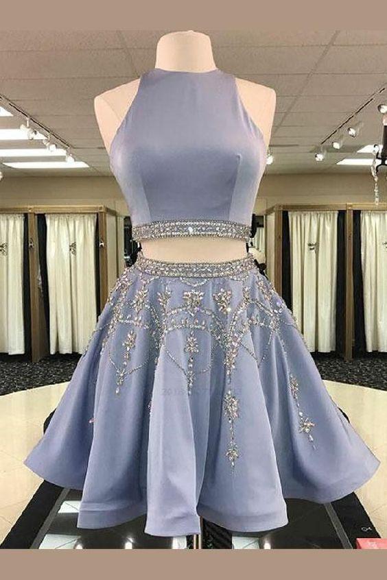 Two Piece Round Neck Short Light Homecoming Dresses Denise Sky Blue Beaded Cheap CD16