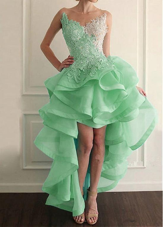 Magbridal Marvelous Tulle & Organza Frida Homecoming Dresses Lace Sheer Jewel Neckline Hi-Lo A-Line With Appliques DH17468