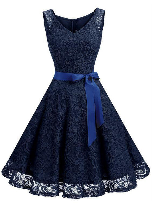 Floral Meadow Homecoming Dresses Lace Belted Party Swing Dress V Neck Sleeveless CD17528