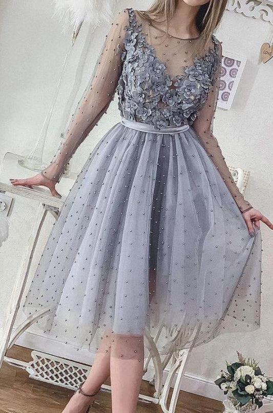 Anastasia Homecoming Dresses Short Silver Grey Pearls Long Sleeve Lace Appliqued Beads Mini Cocktail Party Dresses Cheap Formal Gowns CD1766