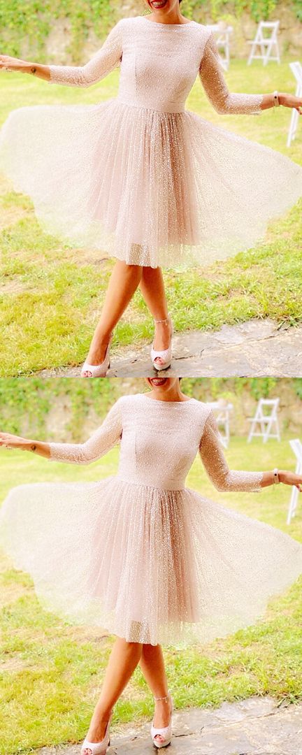 Glitter Tulle Party Dress With Sleeves Homecoming Dresses Cocktail Ivory Aliyah CD18108