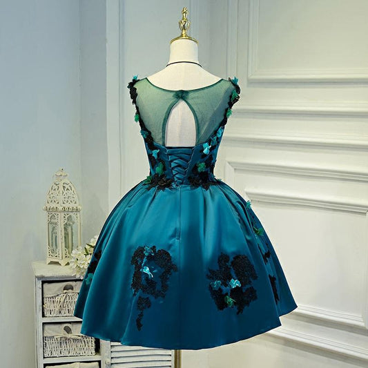 Lovely Knee Length Ball Gown Party Dress With Flower Lara Lace Satin Homecoming Dresses CD18455