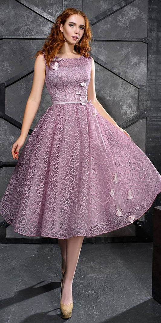 Exciting Scoop Neckline Tea-Length A-Line With Sash & Gillian Lace Homecoming Dresses Handmade Flowers With Beadings DH1864