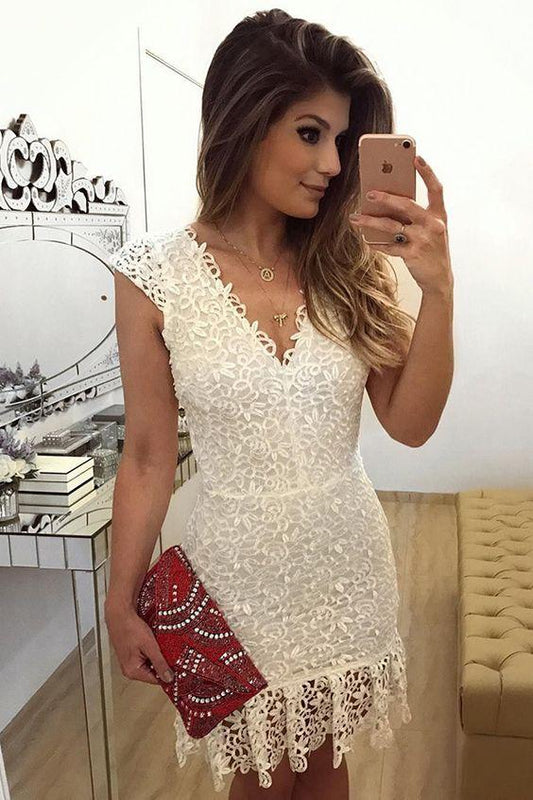 Sheath V-Neck Knee-Length Cap Homecoming Dresses Ivory Lace Naomi Sleeves CD18717