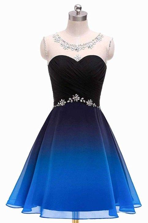 A Line Homecoming Dresses Cocktail Brenna Round Neck Beads Blue And Black Short Dresses Ruffles Straps Dresses DH1874